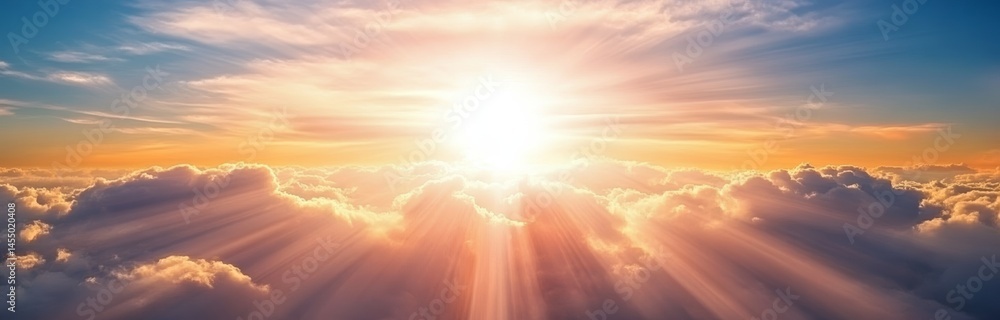Poster panoramic sunset sky with clouds and light rays creating ethereal atmosphere