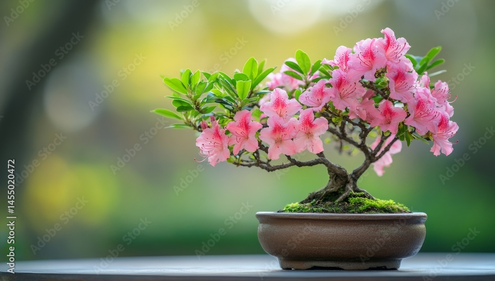 Poster pink azalea bonsai tree in pot on table with green bokeh background