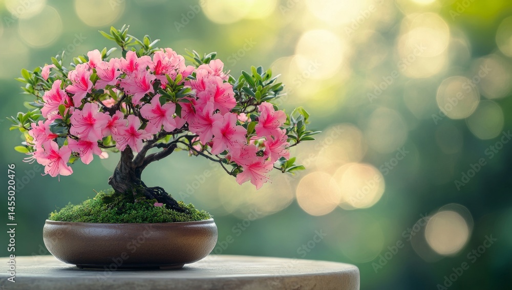 Poster pink azalea bonsai tree in pot on table with green bokeh background