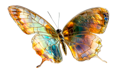 Ornate butterfly with multicolored wings, isolated on black, cut out transparent