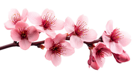 Pink blossom branch with buds, close-up floral spring bloom, cut out transparent