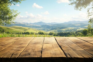 Rustic Wooden Table Empty Product Display Serene Countryside Landscape