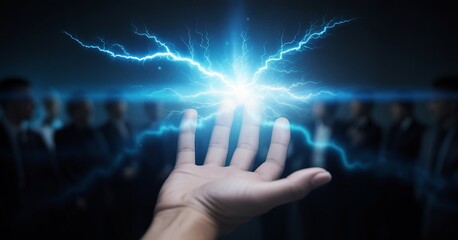 Hand with lightning bolt, power, energy, business people.