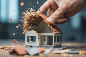 Hand destroying a model house, symbol of property damage.