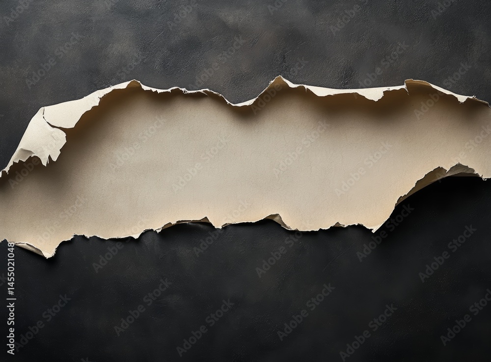 Poster torn paper edges banner with neutral colors empty center text dark background minimalistic