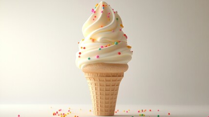 Creamy vanilla ice cream cone with sprinkles on a plain background; perfect for dessert menus