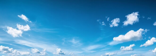 Wide shot of clear blue sky with few clouds for creative projects