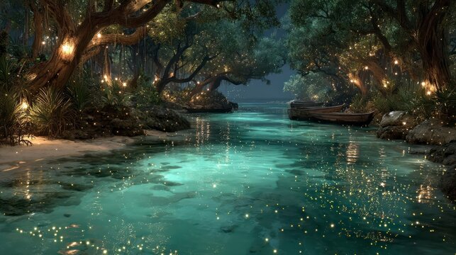 Enchanted Forest Lagoon with Glowing Lights and Serene Waters