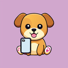 Adorable brown cartoon puppy joyfully poses for a selfie with a smartphone on light purple
