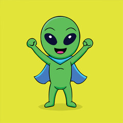 Obraz premium Animated green alien smiles and raises its arms wearing a blue cape on yellow background