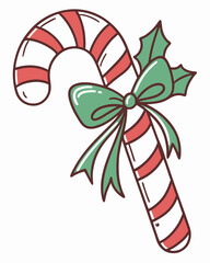 Christmas Candy Cane with Green Bow and Holly Illustration.