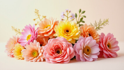 Colorful floral arrangement featuring various blossoms on a light background for a decorative purpose