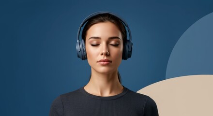 Woman with closed eyes and headphones listening to music or podcast against a blue and beige background. Relaxation and concentration concept. Ideal for cover or advertising.
