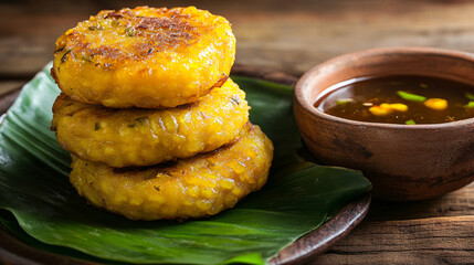Plantain fritters stack with dipping sauce traditional latin american cuisine food
