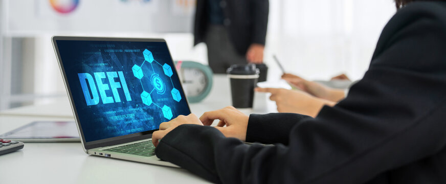 Decentralized finance or DeFi concept on modish computer screen . The defi system give new choice of investment and money saving . - Powered by Adobe