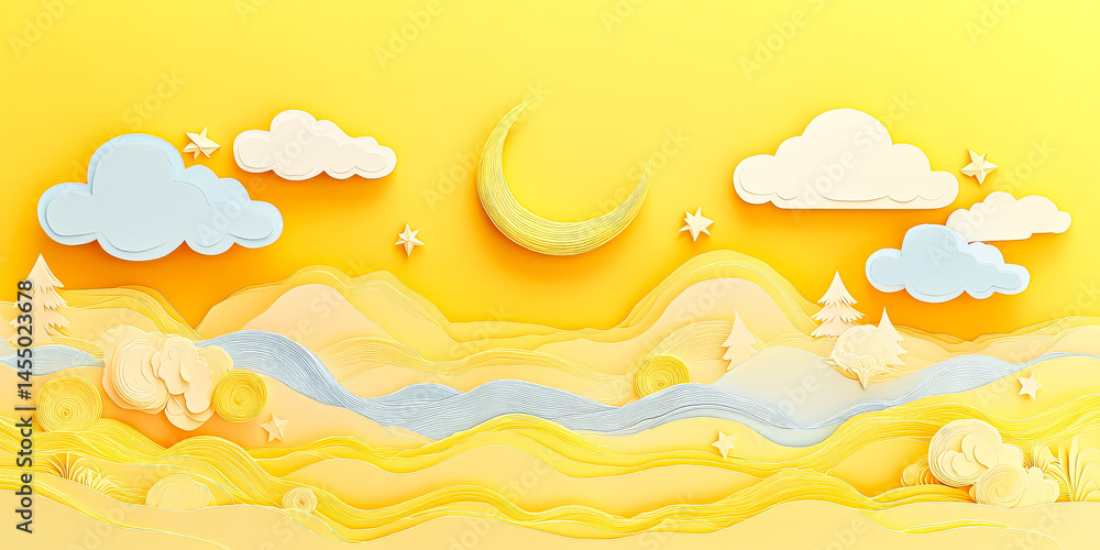 Poster yellow background with a moon and clouds. the moon is in the middle of the sky. there are trees in t