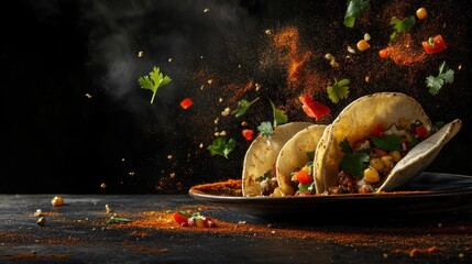 Delicious tacos with spices, flying ingredients, dark background; food photography for recipe, menu, or advertisement