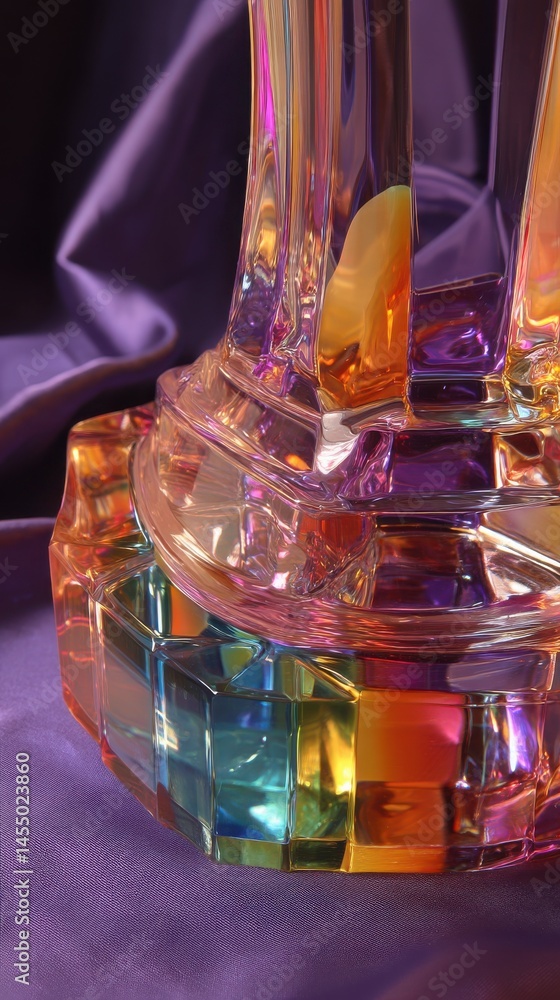 Poster close-up of a multicolored iridescent crystal object with geometric shapes on purple satin backgroun