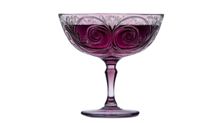 Detailed etched wine glass containing red liquid on black, cut out transparent