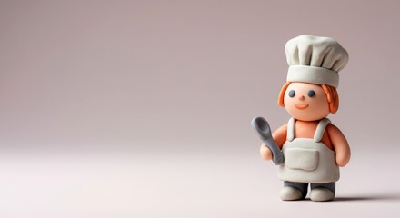 Obraz premium A toy chef figure made of clay stands holding a spoon against a light background, creative concept for cooking or food industry