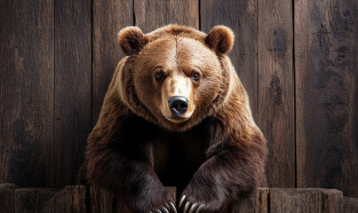 Obraz premium Close-up portrait of a brown bear with paws on wooden fence, captured in a rustic setting with a dark wooden background and direct gaze.