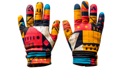 Pair of patterned gloves on display, vivid colors, geometric form, cut out transparent