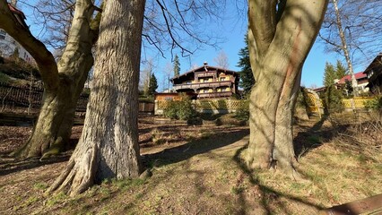 A Beautiful Serene Landscape View Showcasing a Cozy Rustic House Nestled Among Lush Green Trees