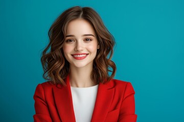 Fototapeta premium Portrait of a cheerful woman holding a blank sign against a soothing blue background with ample advertising space available