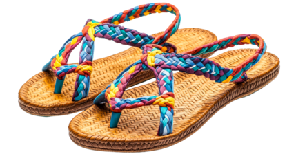 Pair of colorful braided sandals on straw soles, footwear, cut out transparent.