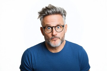 Fototapeta premium Portrait of a startled man in a blue t-shirt removing his eyewear and gazing with astonishment at the camera