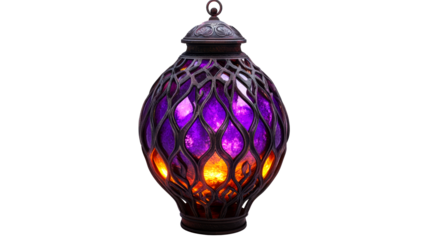 Ornamental lamp with purple glass and metal frame, cut out transparent