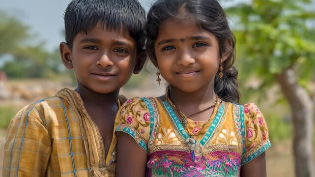 Brother and sister together outside wearing traditional clothing smiling to the camera with a grassy background, togetherness, children