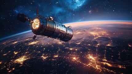 Spacecraft orbiting Earth at night. Detailed view of the Earth's illuminated cities and continents
