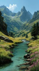 Breathtaking mountain landscape with a clear stream and vibrant wildflowers under a bright blue sky