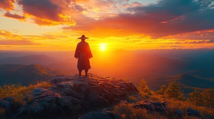 Obraz premium Man in Traditional Clothing Watching Golden Sunrise From Mountain Top