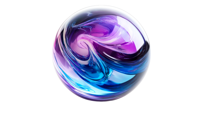 Glass Sphere with Fluidic Swirls of Blue and Violet Hues, cut out transparent