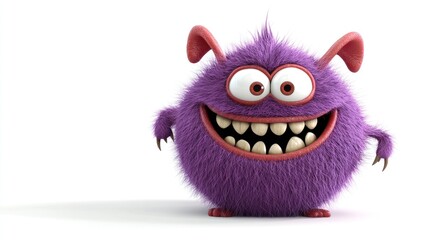Fluffy purple monster smiling, white background, children's book illustration