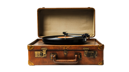Phonograph in Suitcase Playing Vinyl Record, Isolated, Cut Out Transparent