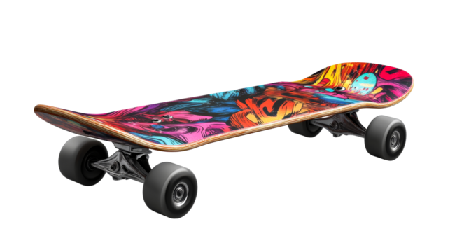 Skateboard with colorful graphic deck design on black, cut out transparent