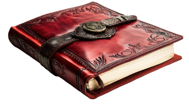 Ornate leather bound journal or diary with metal clasp, cut out transparent