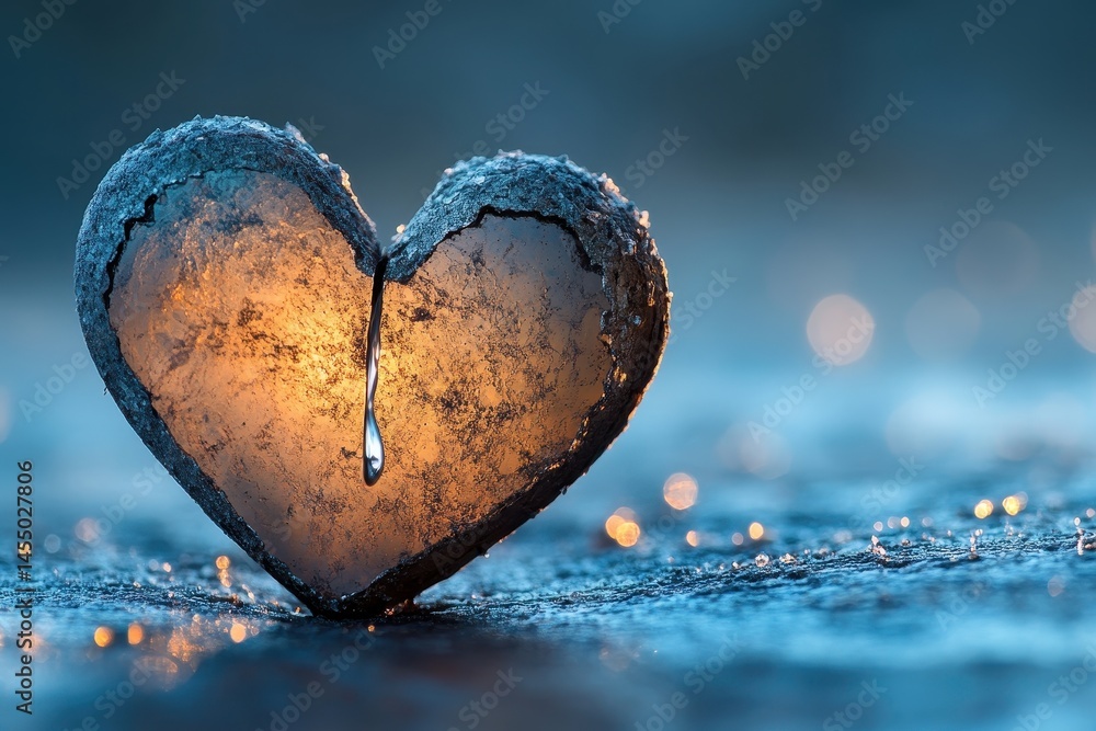 Poster frozen heart shape illuminated by warm light in a serene winter landscape with soft bokeh effects an