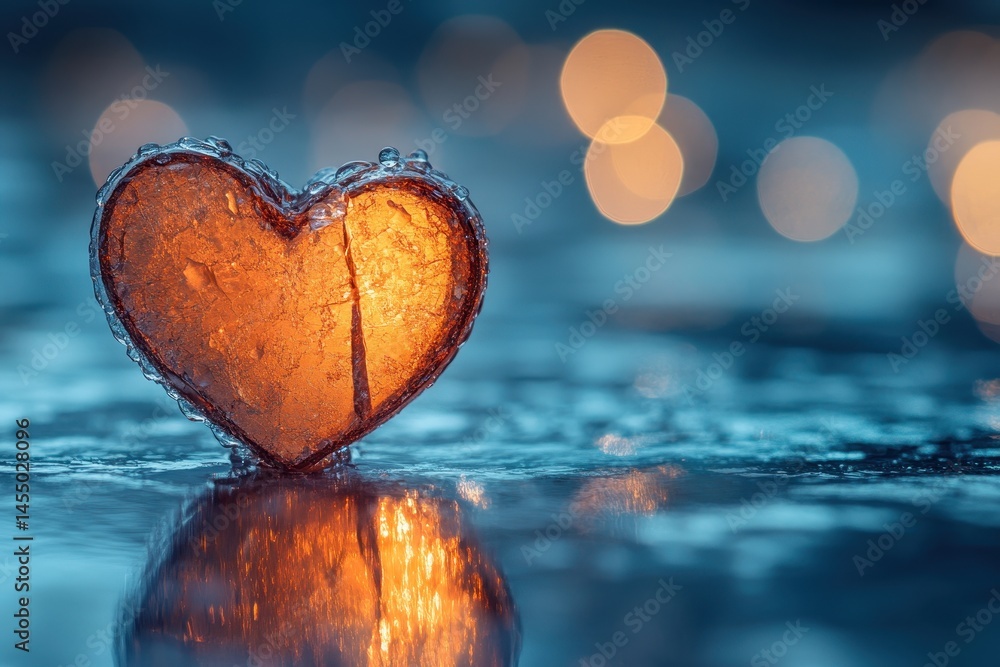 Poster frozen heart shape illuminated by warm light in a serene winter landscape with soft bokeh effects an