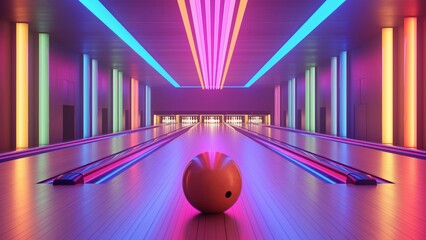 Empty bowling alley with glowing neon lights. Indoor fun activity concept