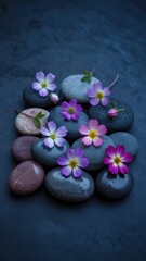 Smooth grey stones with delicate cosmos flowers on moody dark surface