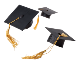 Three graduation caps with gold tassels floating on a black background for celebration of success