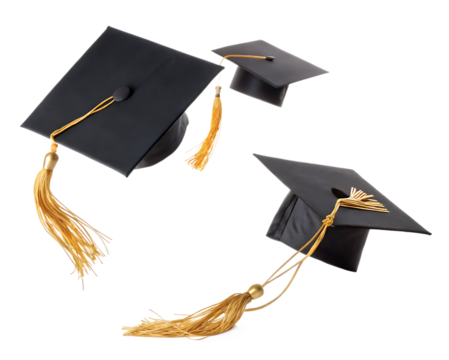Three graduation caps with gold tassels floating on a black background for celebration of success - Powered by Adobe
