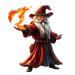 A Cartoon Wizard Casting a Fireball Isolated on Transparent Background