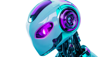 Cyan Robot Head with Glowing Purple Eyes, Facing Right, «, cut out transparent