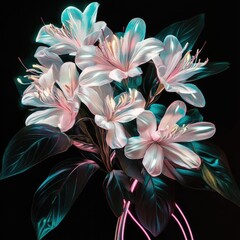 A bouquet of glowing, ethereal flowers in pale pinks and whites, set against a dark background.  Dark teal leaves add a contrasting touch.  Neon-colored lines highlight the stems