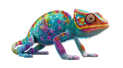 Vibrant chameleon with multicolored skin against black, cut out transparent